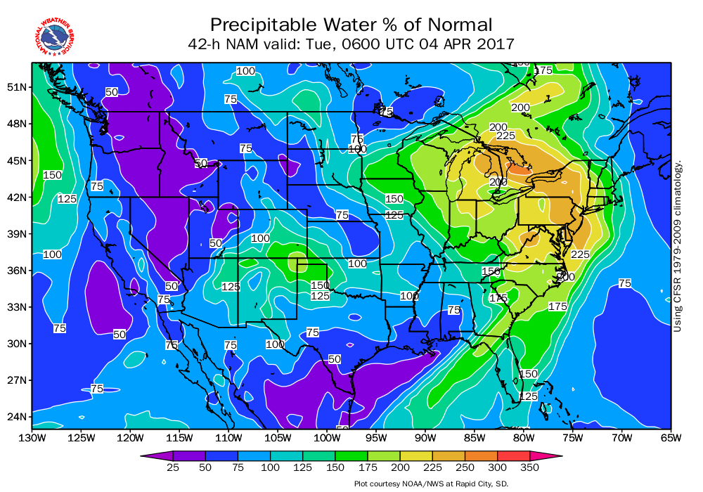 NAM model percent of normal precipitable water for overnight tonight