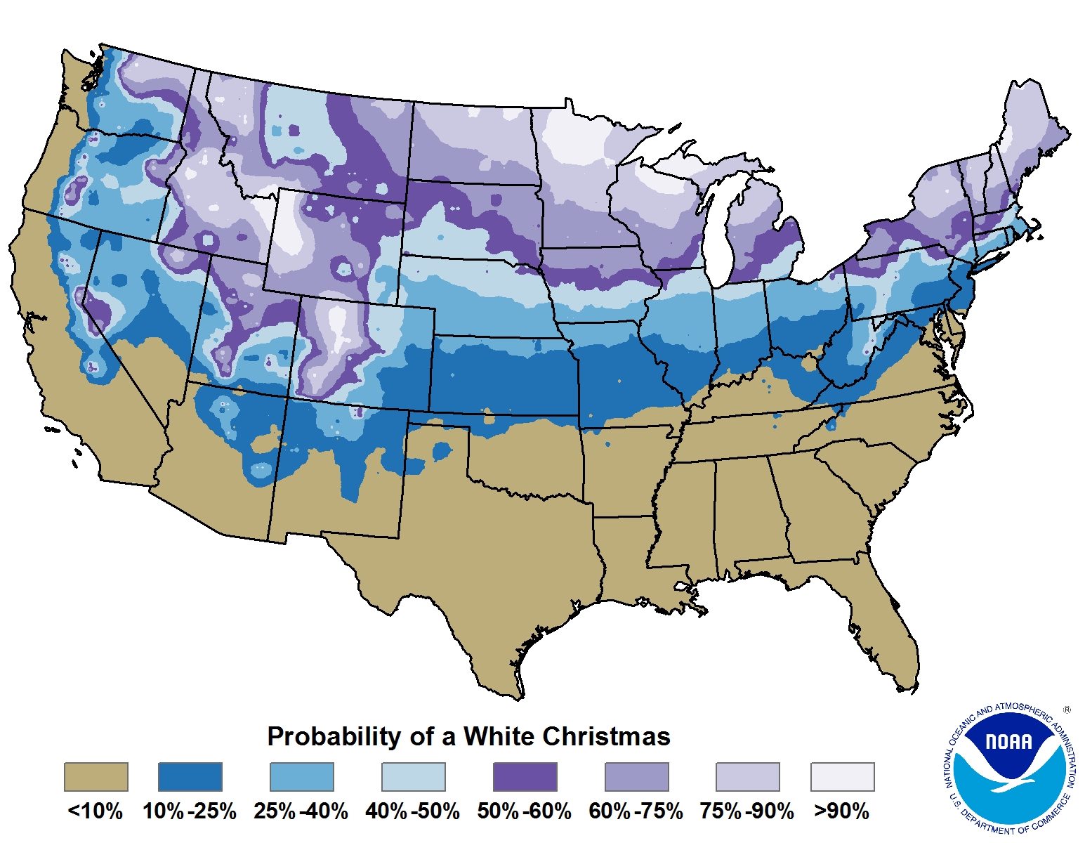 Percentage chance of having snowfall occur on Christmas (Credit: NOAA)
