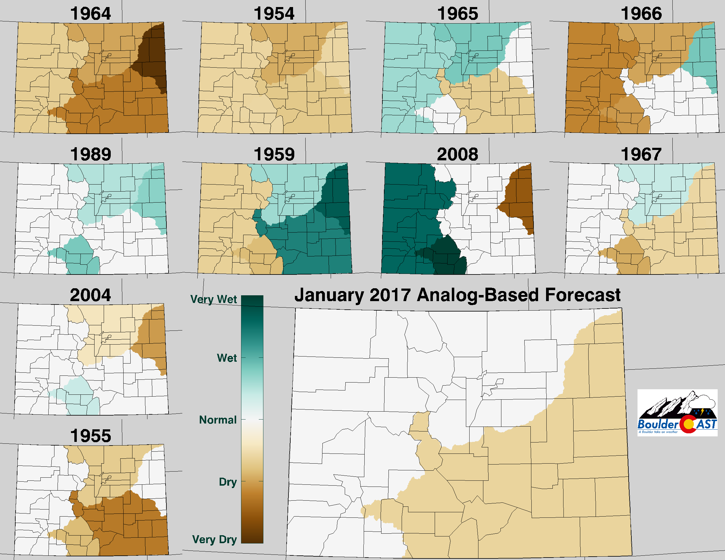Top 10 Analogs to 2016 and how those years played for PRECIPITATION in Colorado during the month of January. The large map shows the analog-based weighted consensus forecast based on those 10 years.