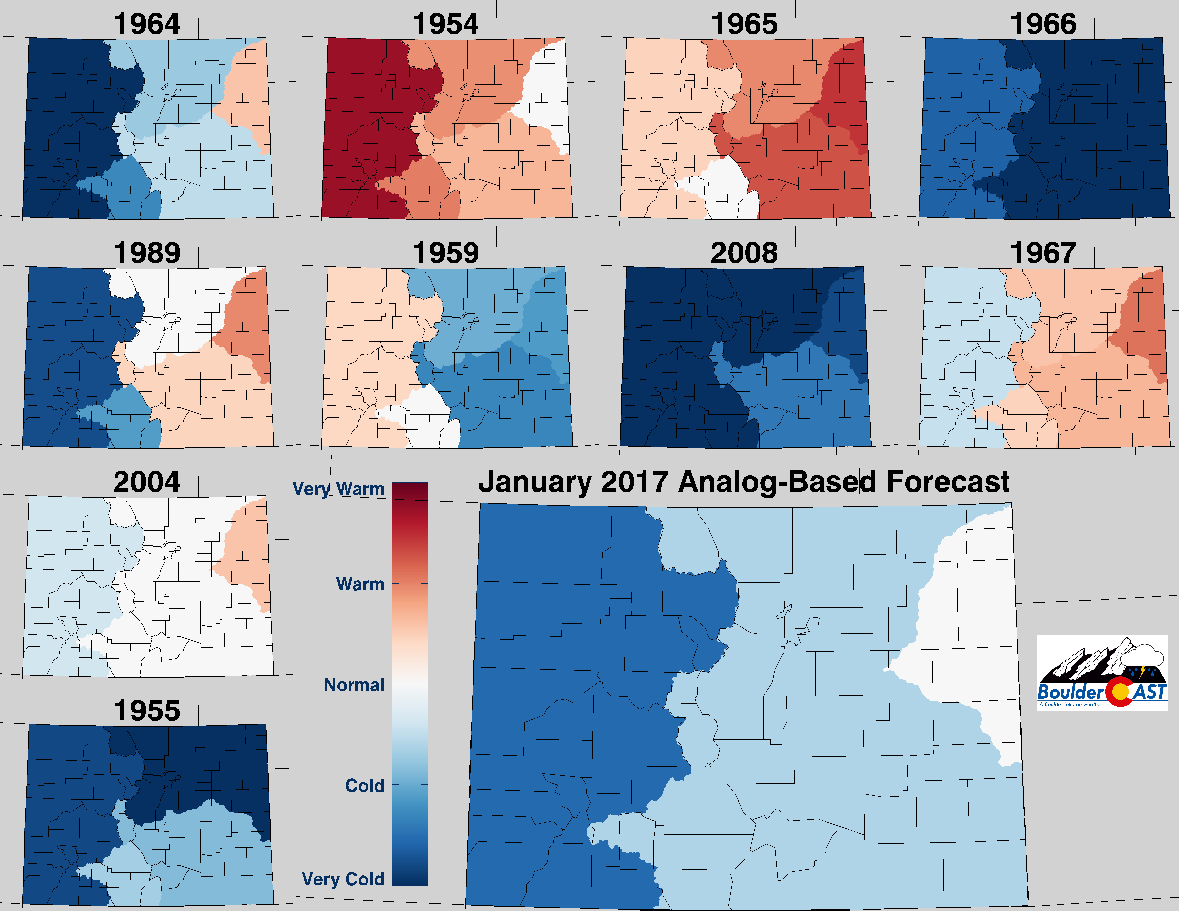 Top 10 Analogs to 2016 and how those years played for TEMPERATURE in Colorado during the month of January. The large map shows the analog-based weighted consensus forecast based on those 10 years.