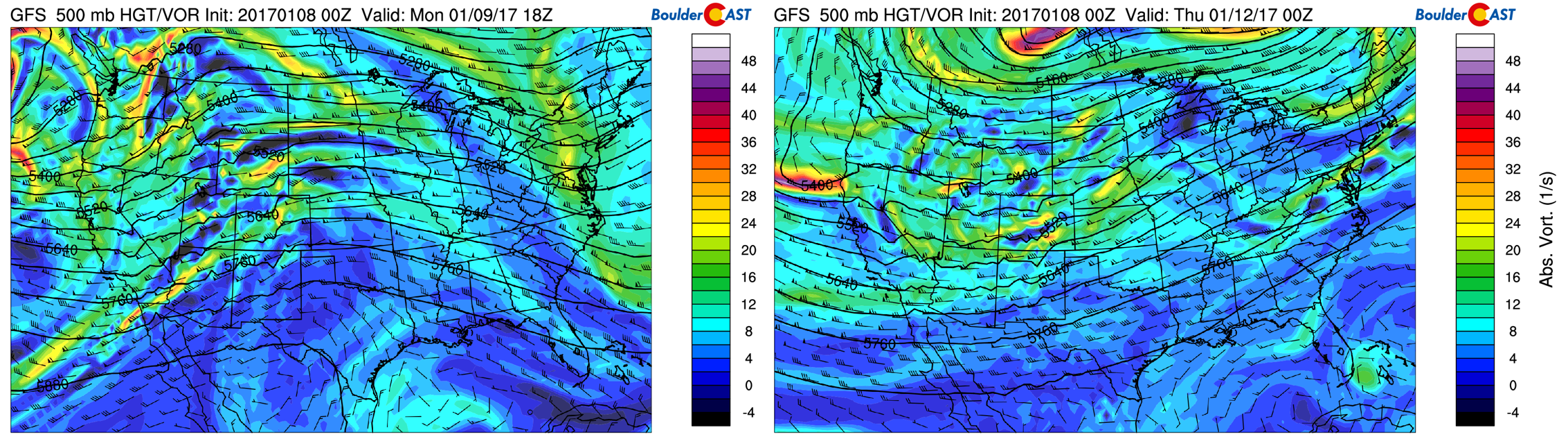 GFS 500 mb vorticity maps for Monday (left) and Wednesday (right).