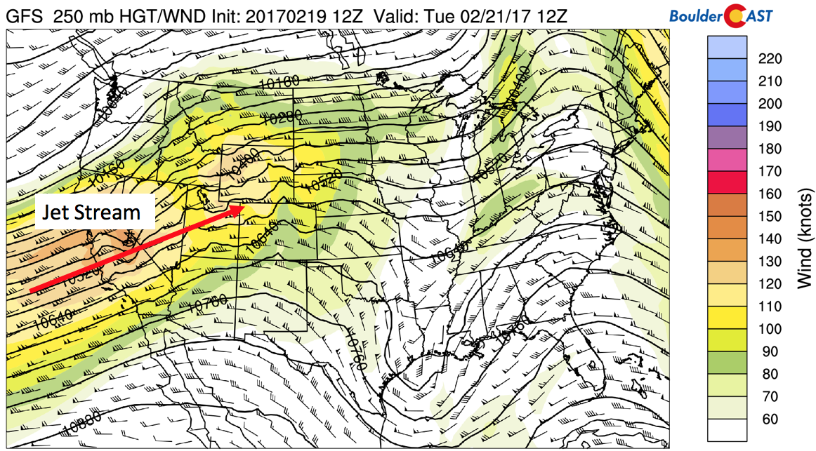 GFS 250 mb jet stream pattern for Monday 