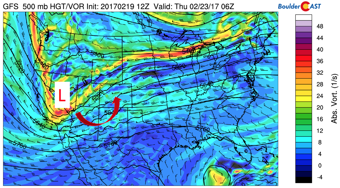 GFS 500 mb absolute vorticity and height for Wednesday