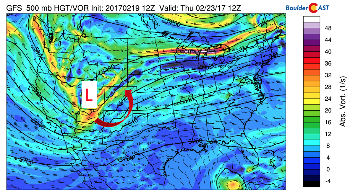 GFS 500 mb absolute vorticity and height field for Thursday night
