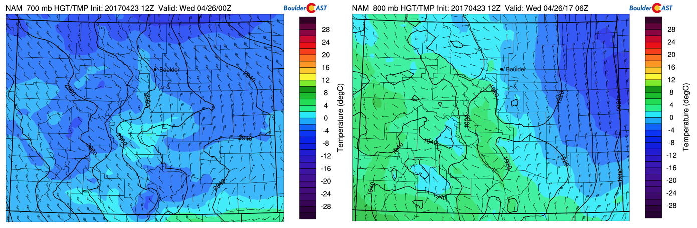 NAM model 700 mb (left) and 800 mb (right) temperature and wind for overnight tonight