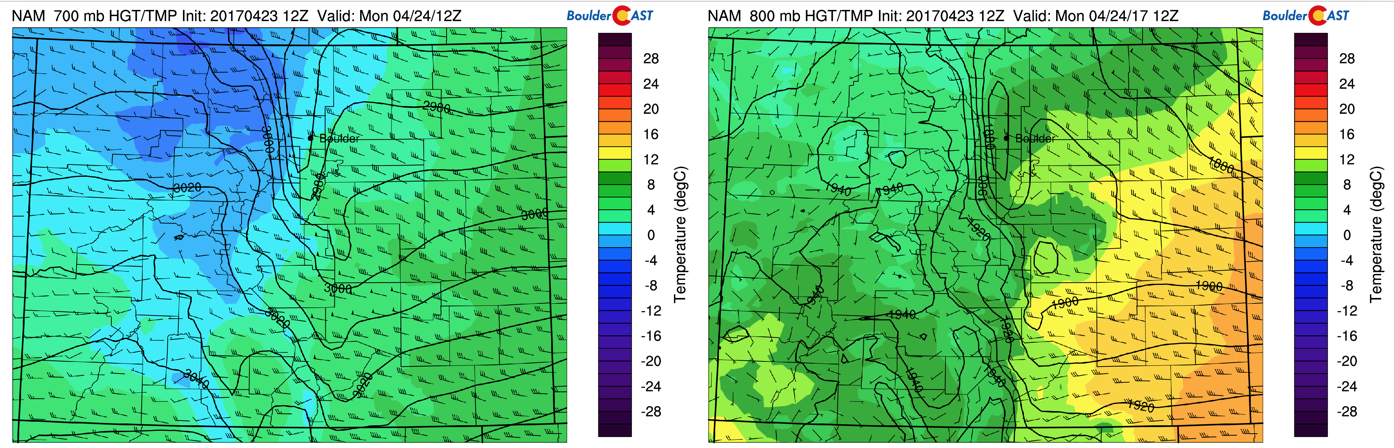 NAM model 700 mb (left) and 800 mb (right) temperature, wind, and height for this morning