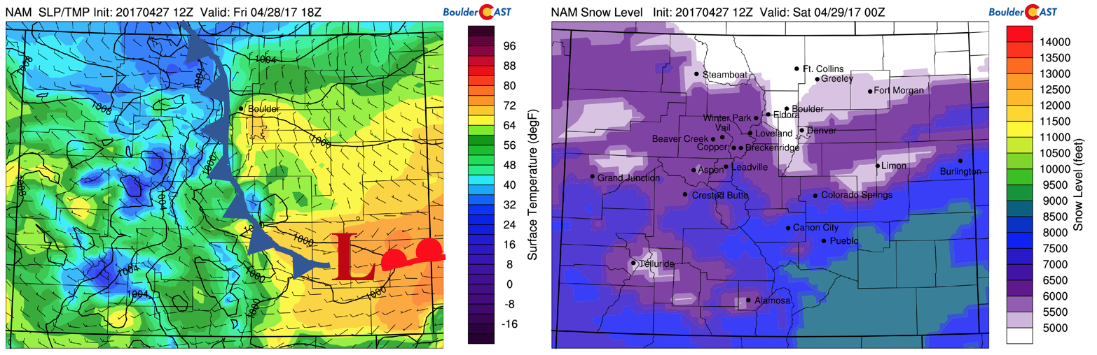 NAM model surface temperature and frontal boundaries this morning (left) and NAM snow level prediction for this evening (right)
