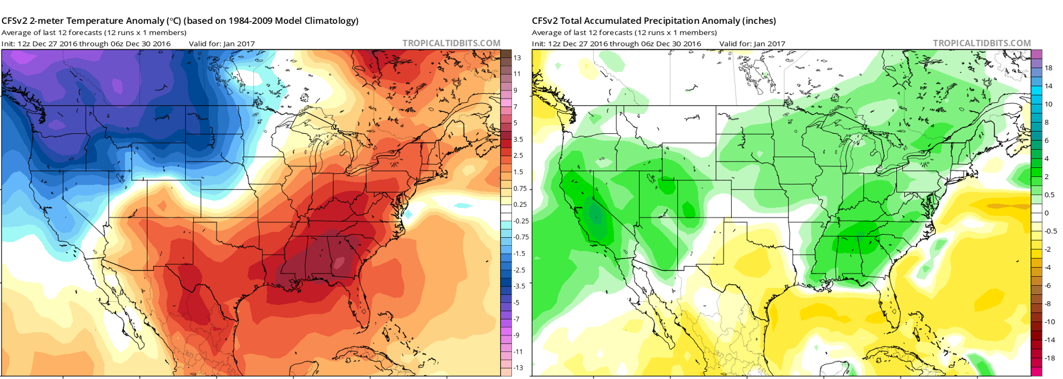 Climate Forecast System outlook for January's temperature (left) and precipitation (right) anomalies.