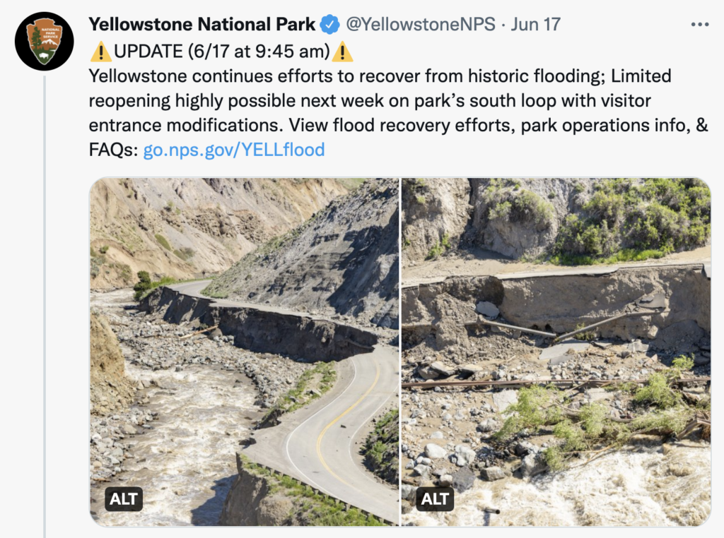 A flood in yellowstone eroded roadways in the park