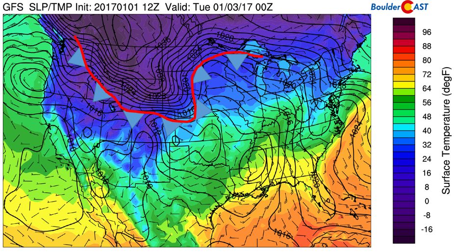 GFS surface temperature, sea-level pressure, and wind for today