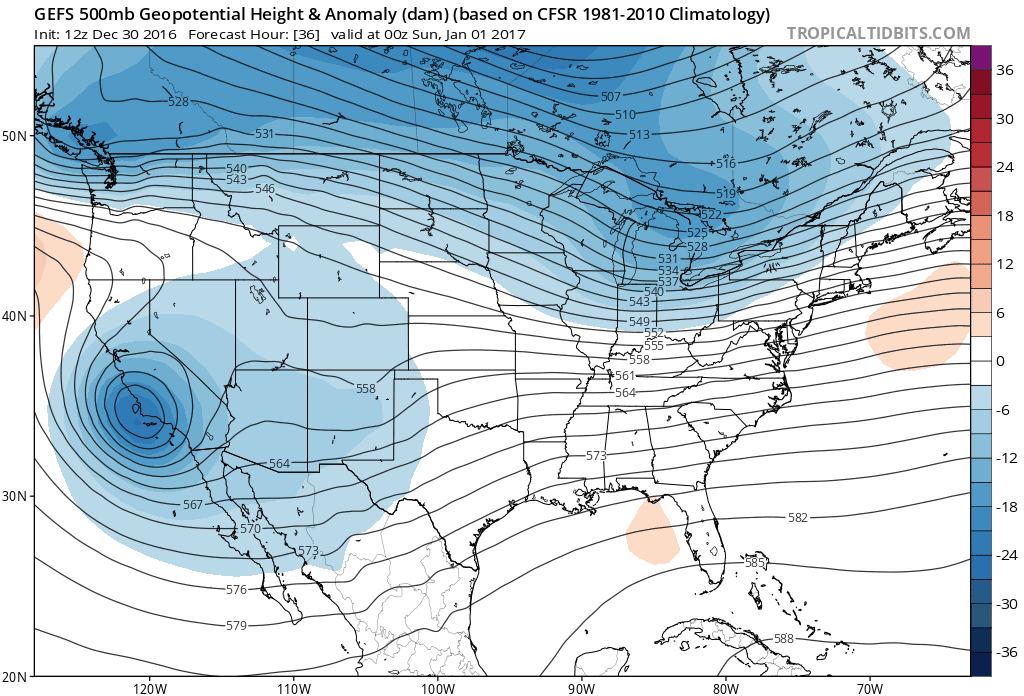 GEFS 500 mb ensemble height anomaly through mid January, so troughing across the western USA