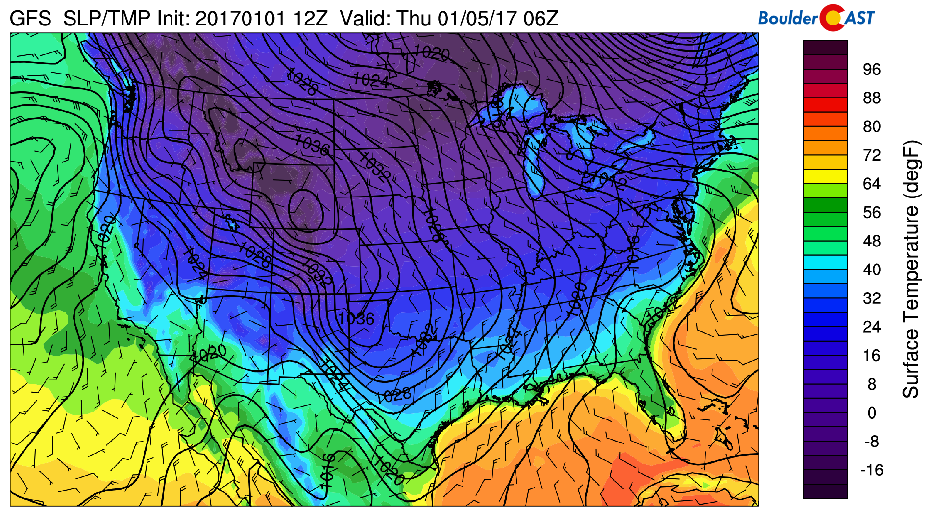GFS surface temperature, sea-level pressure, and wind for Wednesday afternoon/evening