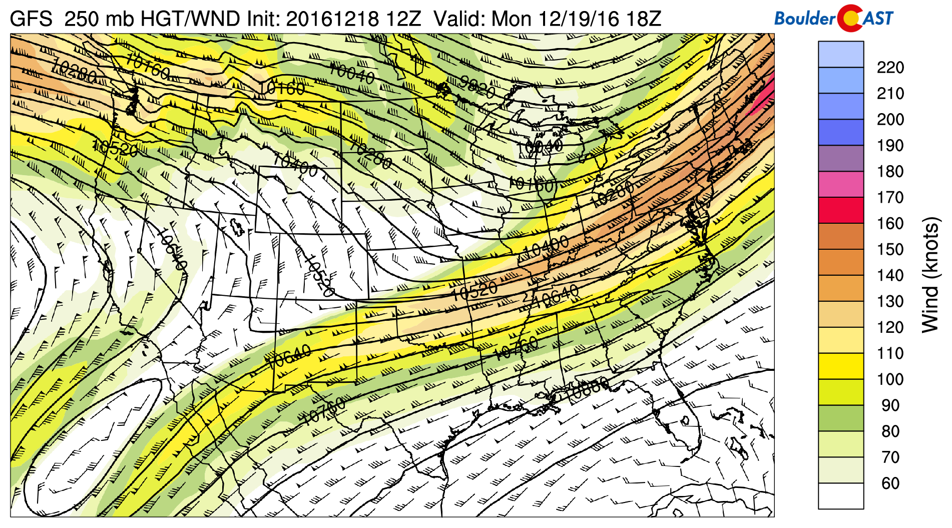 GFS 250 mb upper-level wind and height pattern today