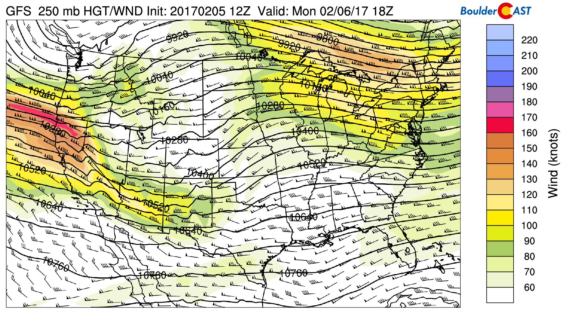 GFS 250 mb upper-level flow for this afternoon