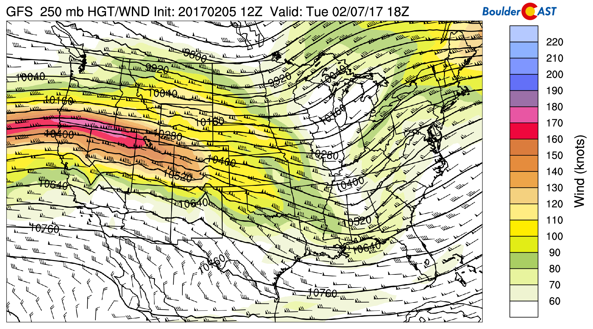 GFS 250 mb upper-level atmospheric flow for Tuesday