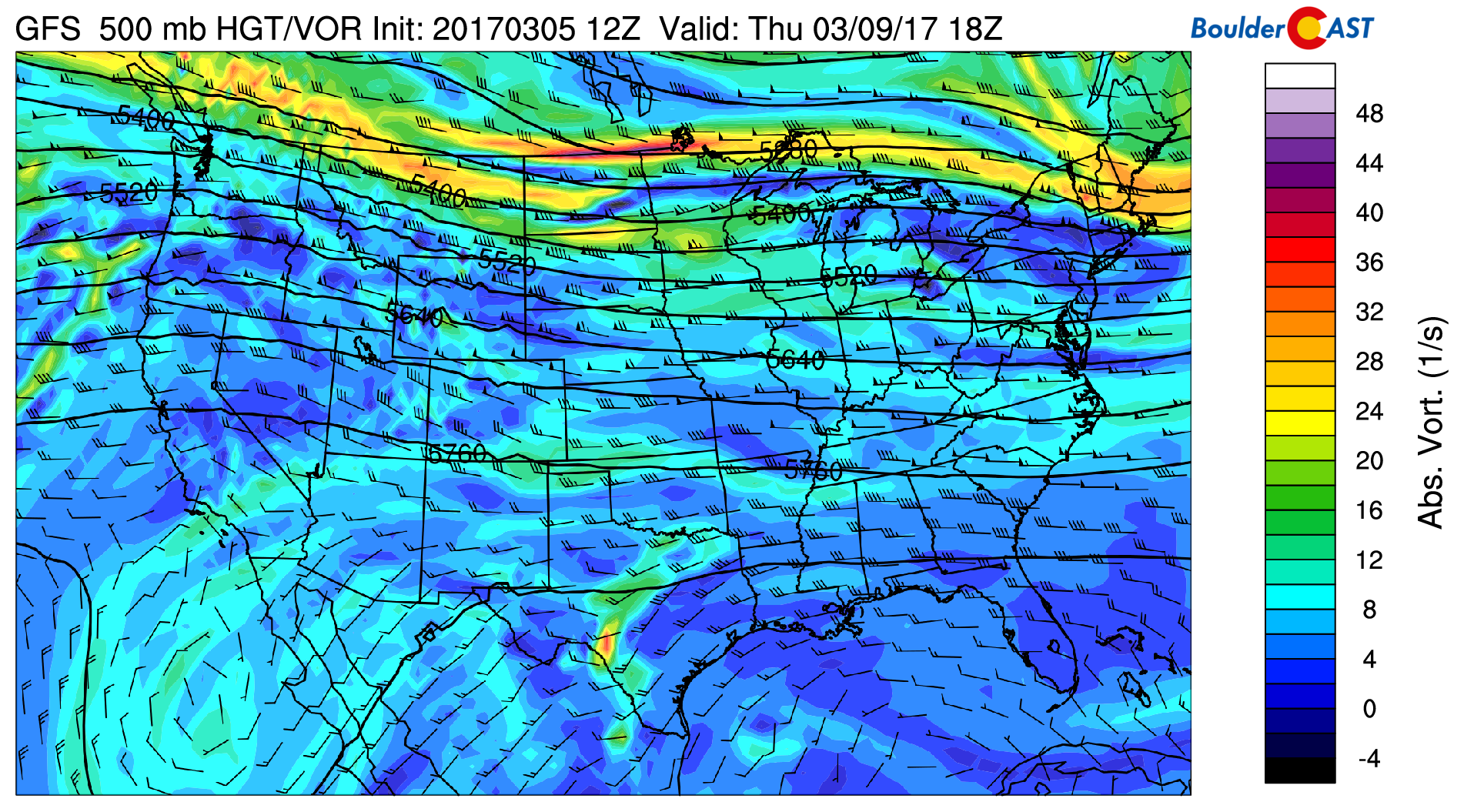 GFS 500 mb absolute vorticity for Thursday 