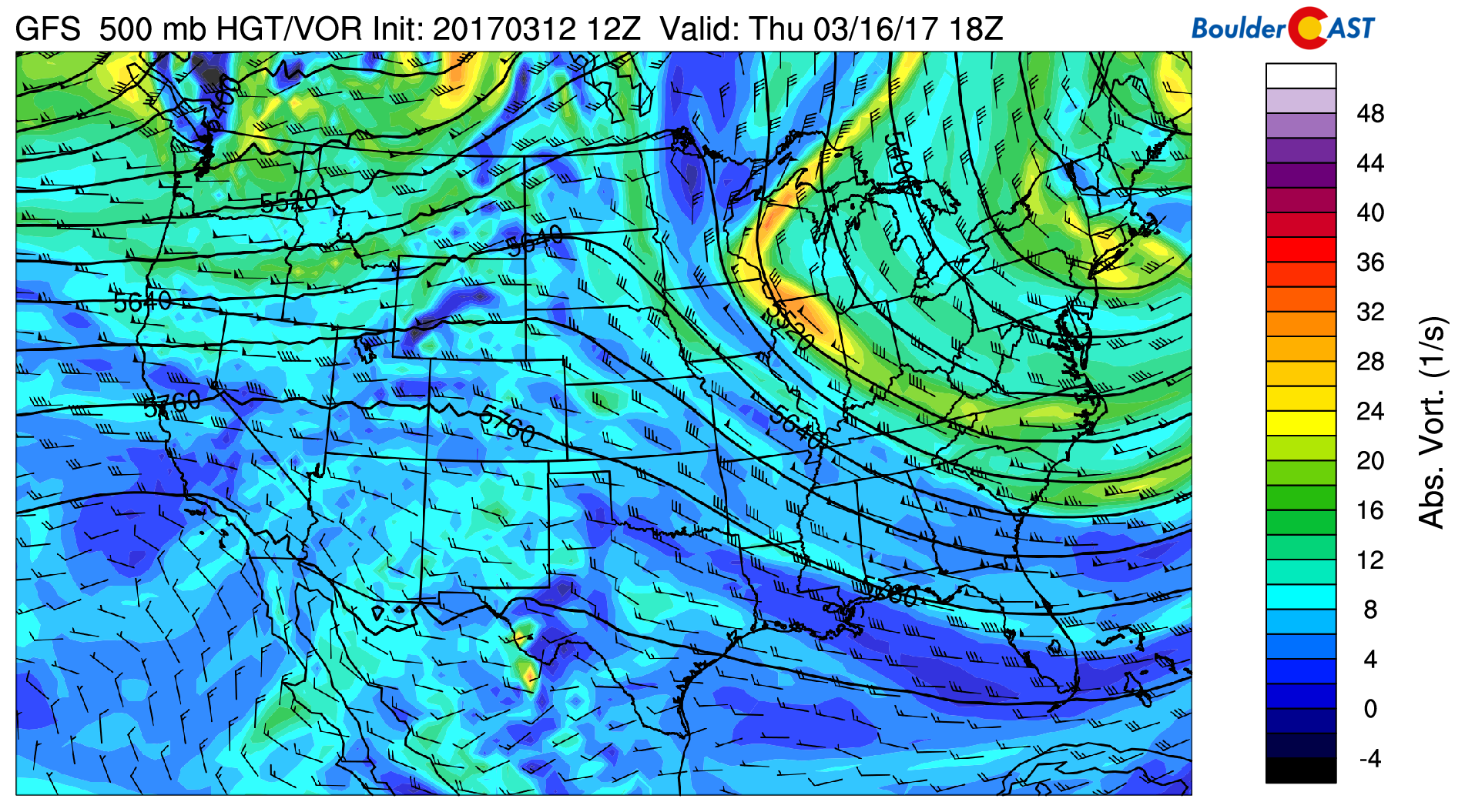 GFS 500 mb absolute vorticity map for Thursday