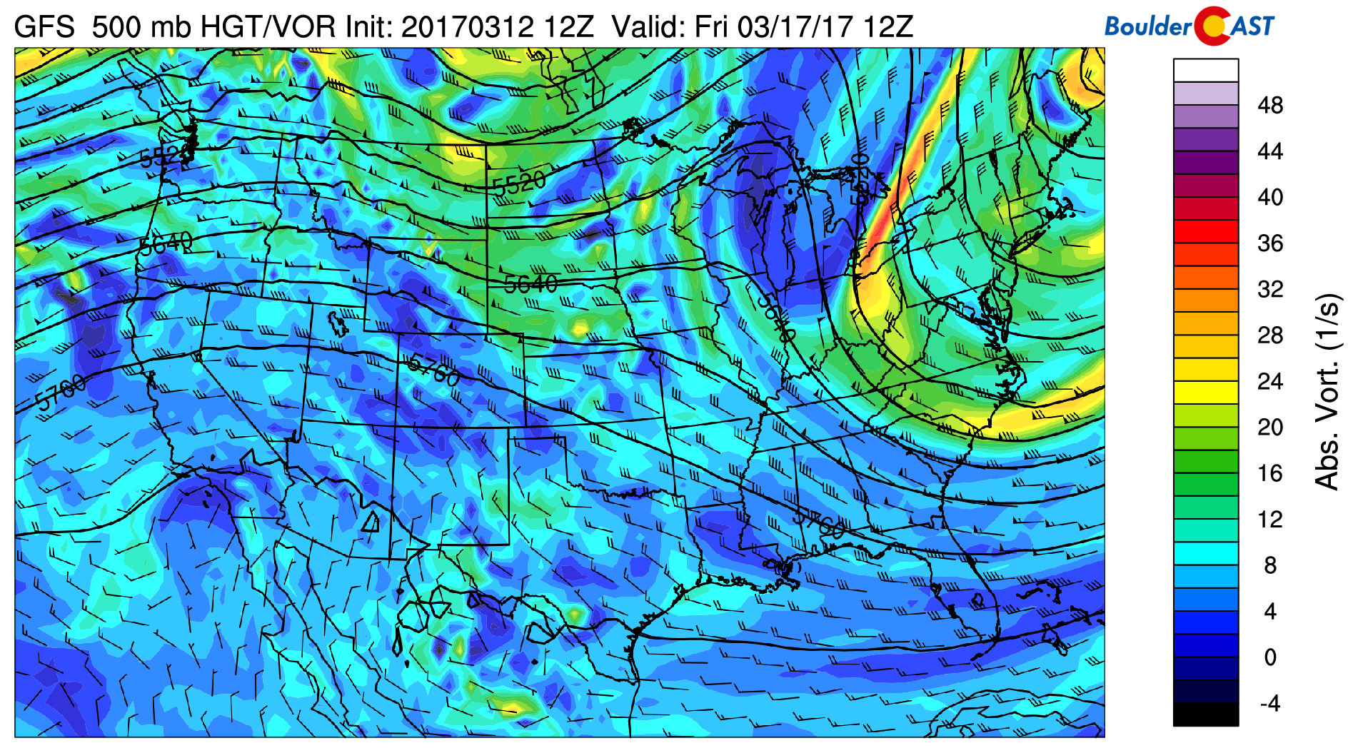 GFS 500 mb absolute vorticity map for Friday