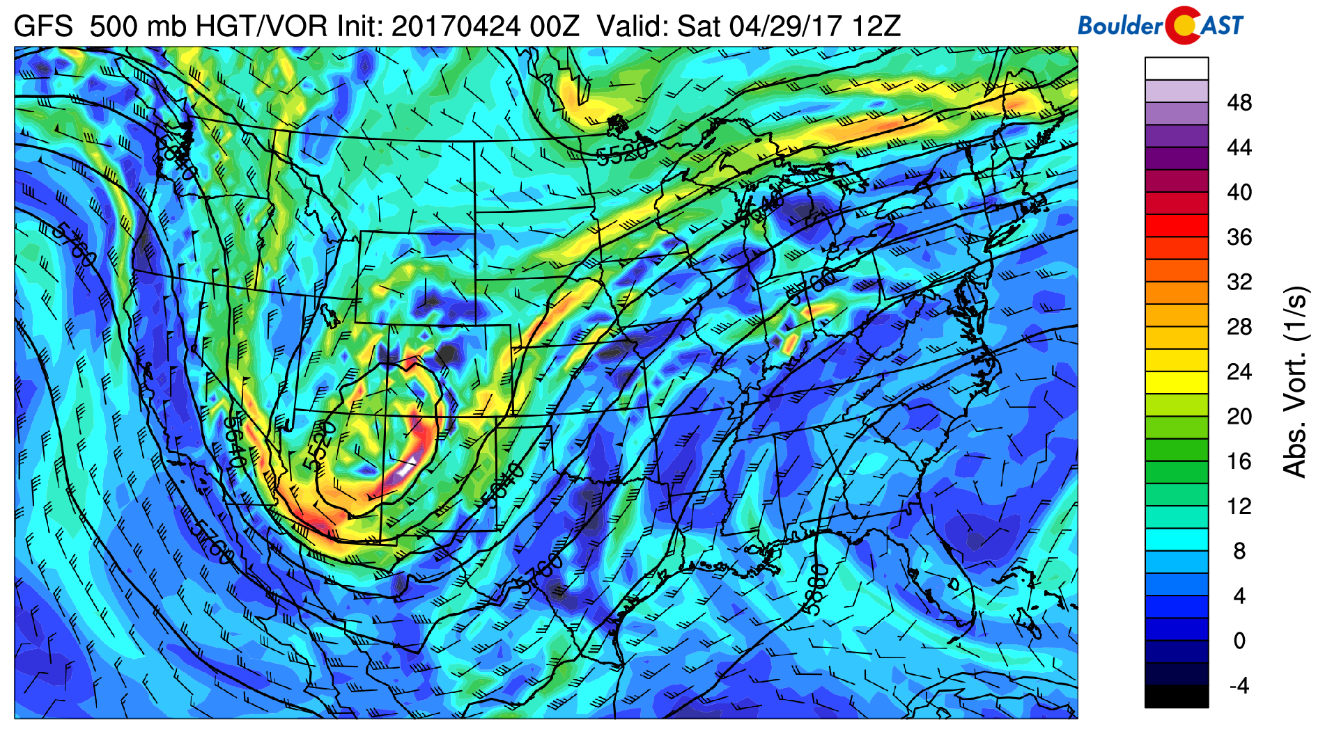GFS 500 mb absolute vorticity for Saturday