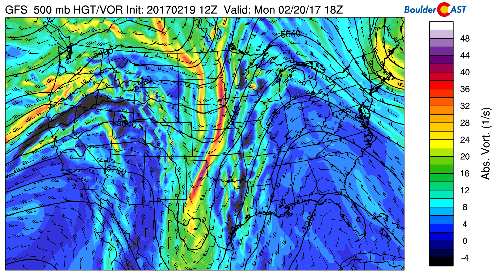 GFS 500 mb absolute vorticity and heights for today