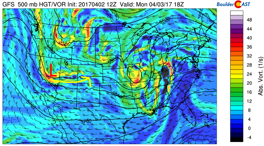 GFS 500 mb vorticity map for this afternoon