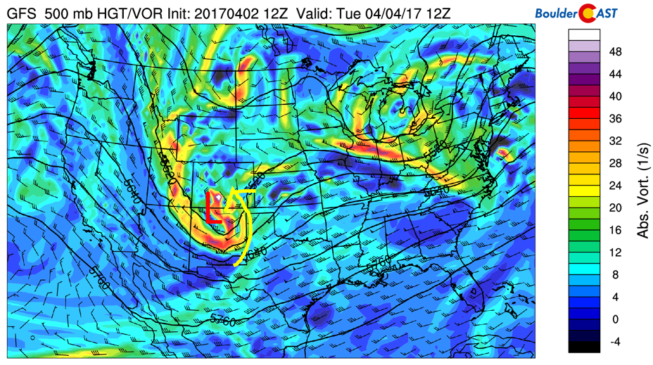 GFS 500 mb vorticity map for Tuesday morning