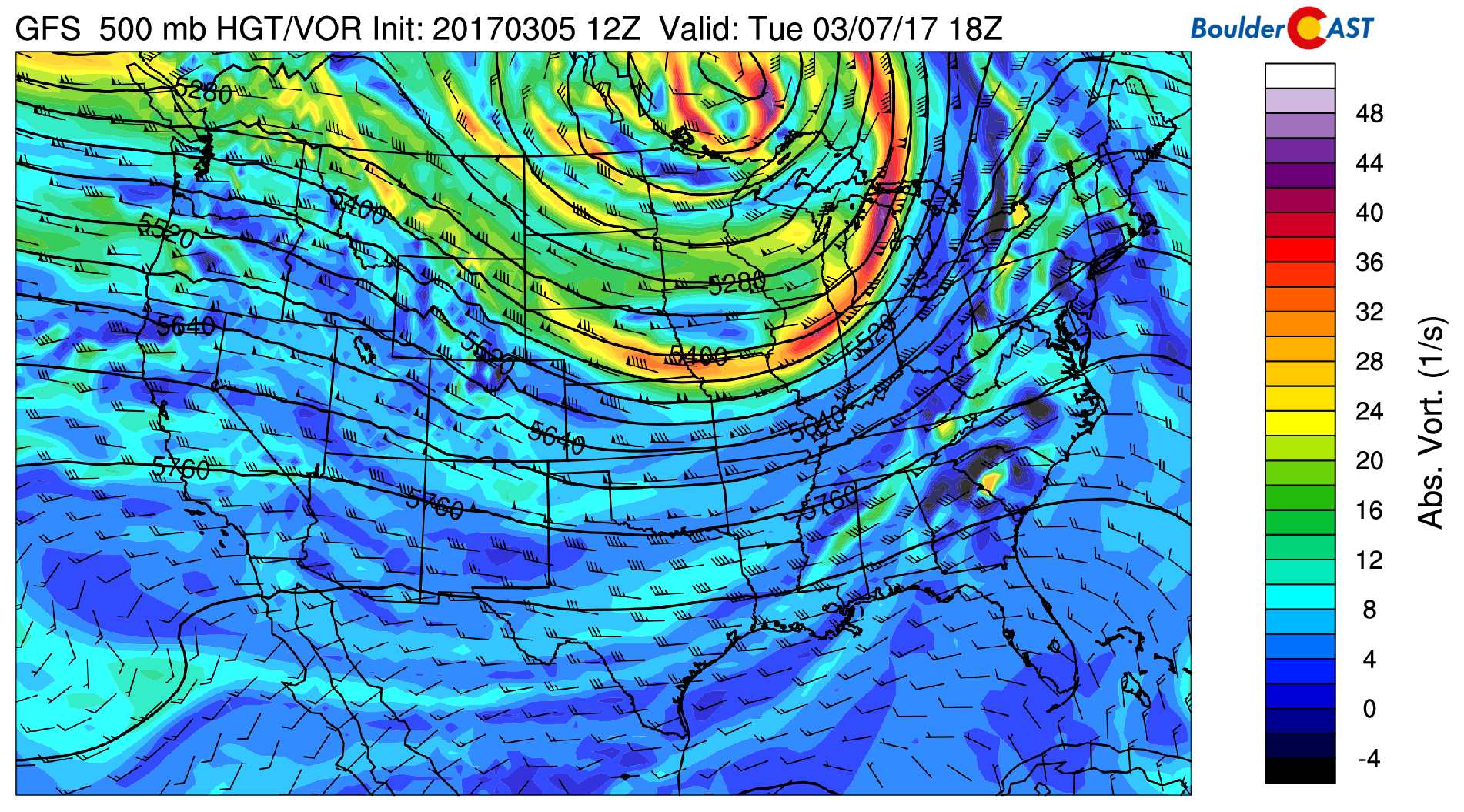 GFS 500 mb absolute vorticity for Tuesday