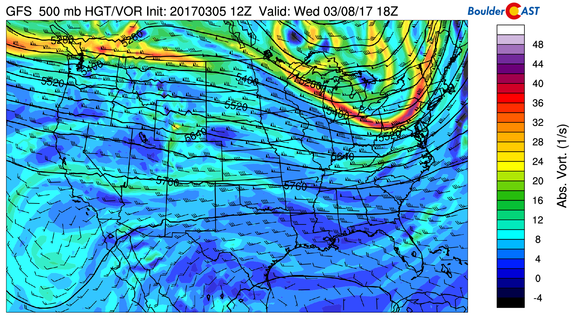 GFS 500 mb absolute vorticity for Wednesday