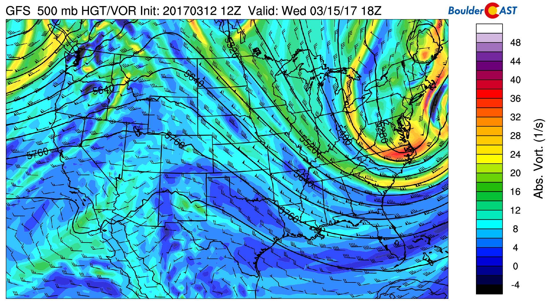 GFS 500 mb absolute vorticity map for Wednesday