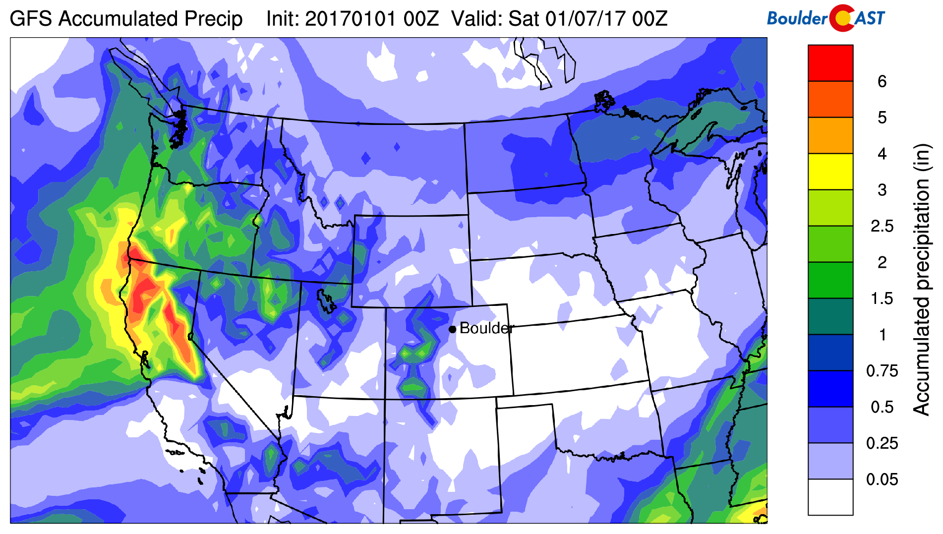 GFS total accumulated liquid precipitation through the upcoming weekend