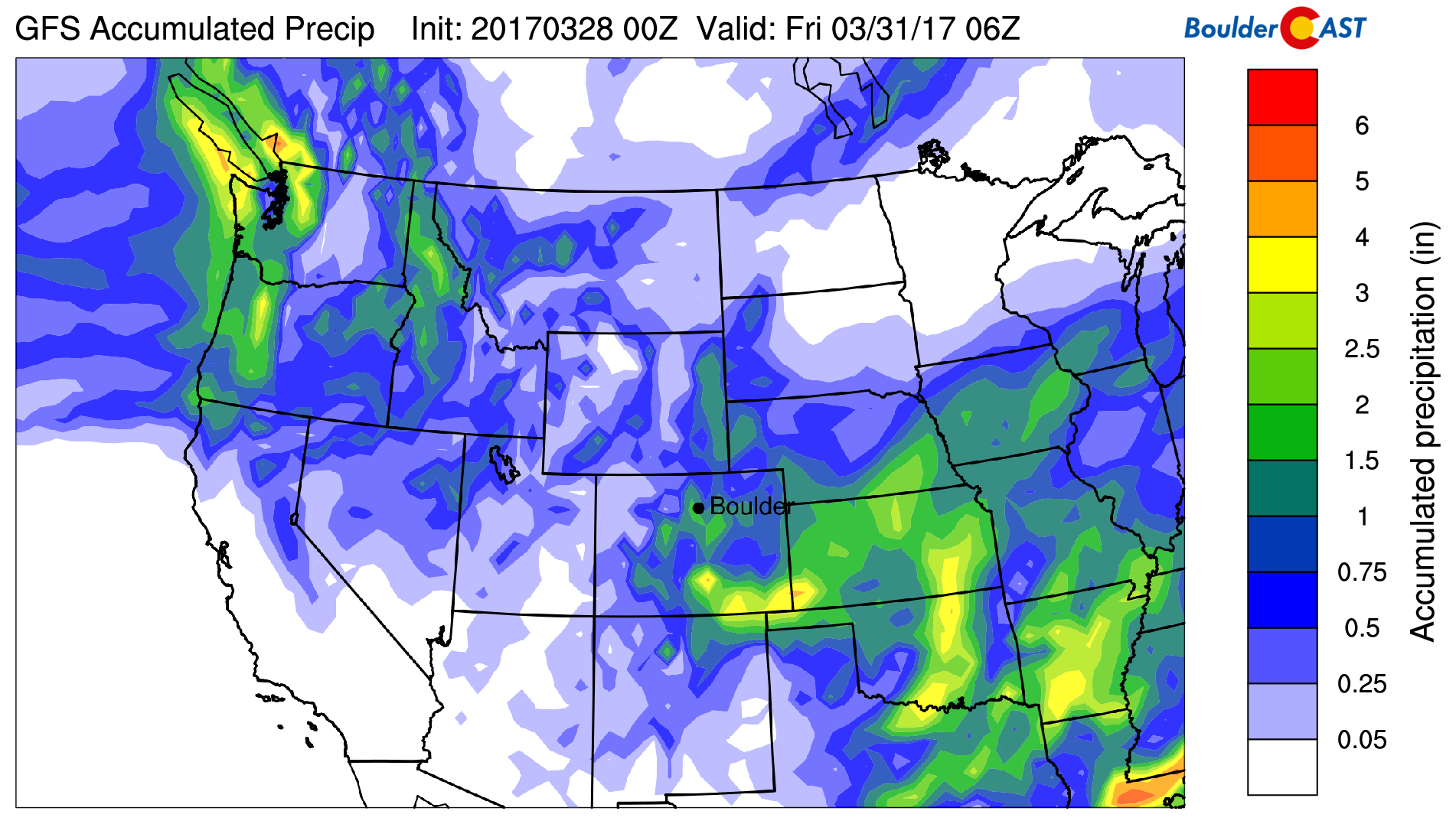 GFS total accumulated precipitation forecast for the event. Beneficial precipitation is expected for almost all of eastern Colorado