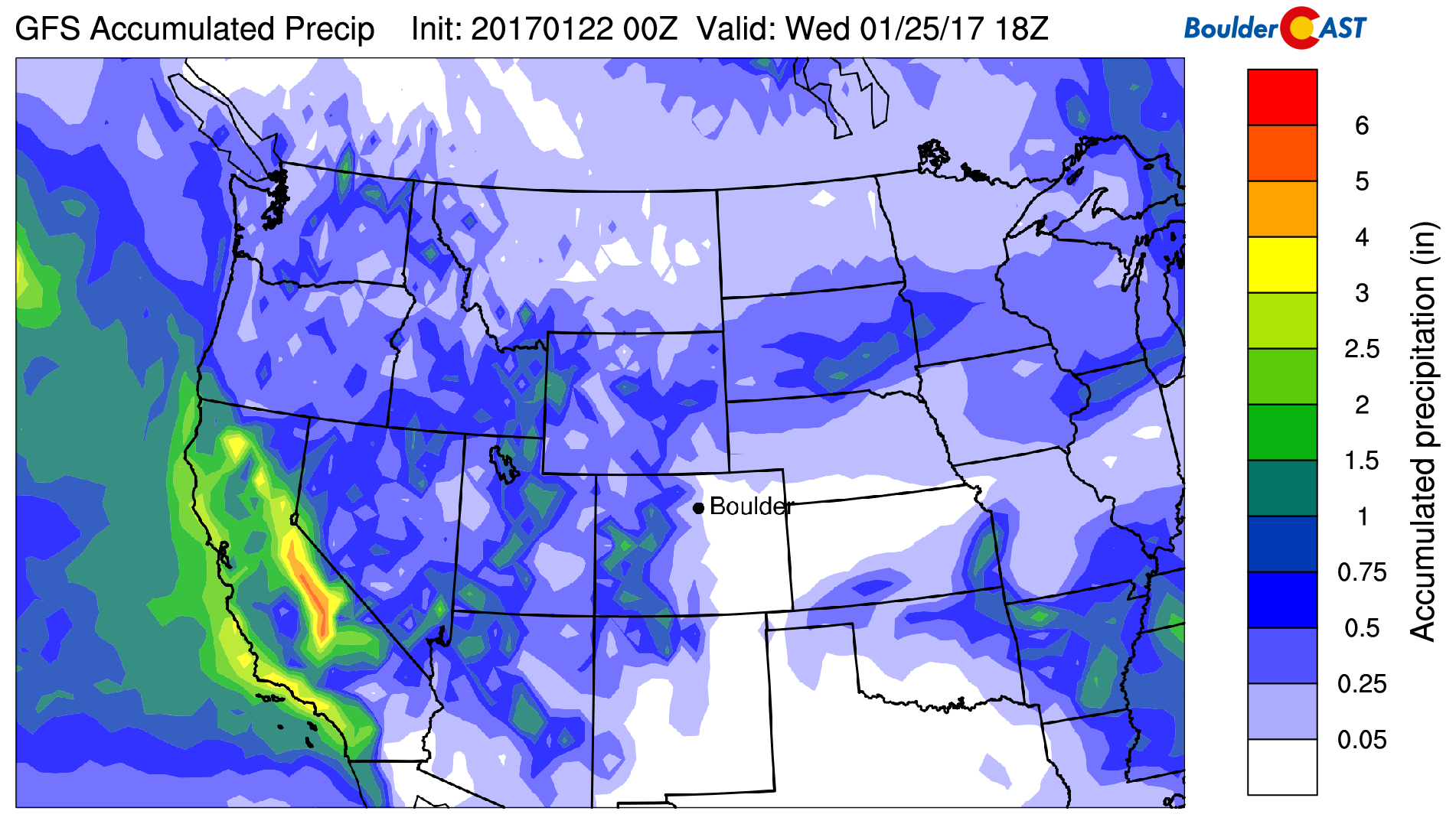 GFS total accumulated precipitation forecast showing most will remain to our north in Wyoming