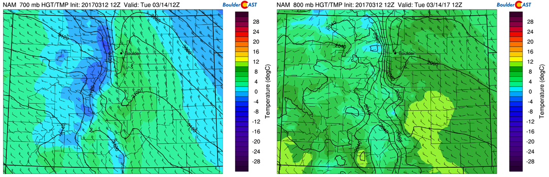 NAM 700 mb (left) and 800 mb (right) temperature and winds for Monday night / Tuesday morning