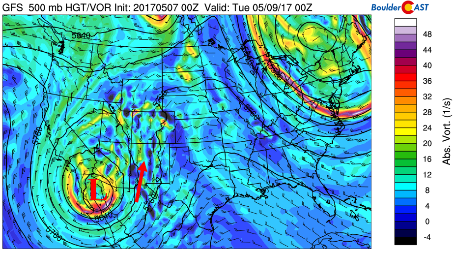 GFS 500 mb vorticity for this afternoon