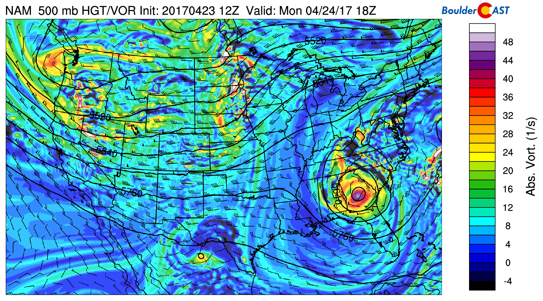 NAM 500 mb absolute vorticity and height pattern today
