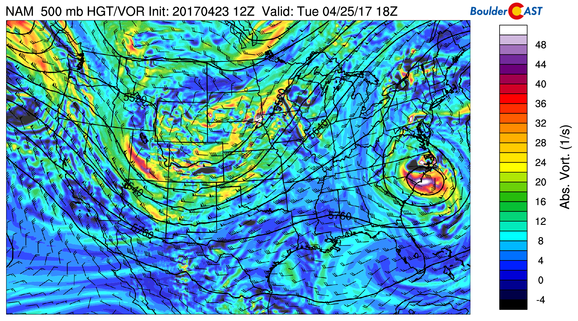 NAM 500 mb absolute vorticity for Tuesday
