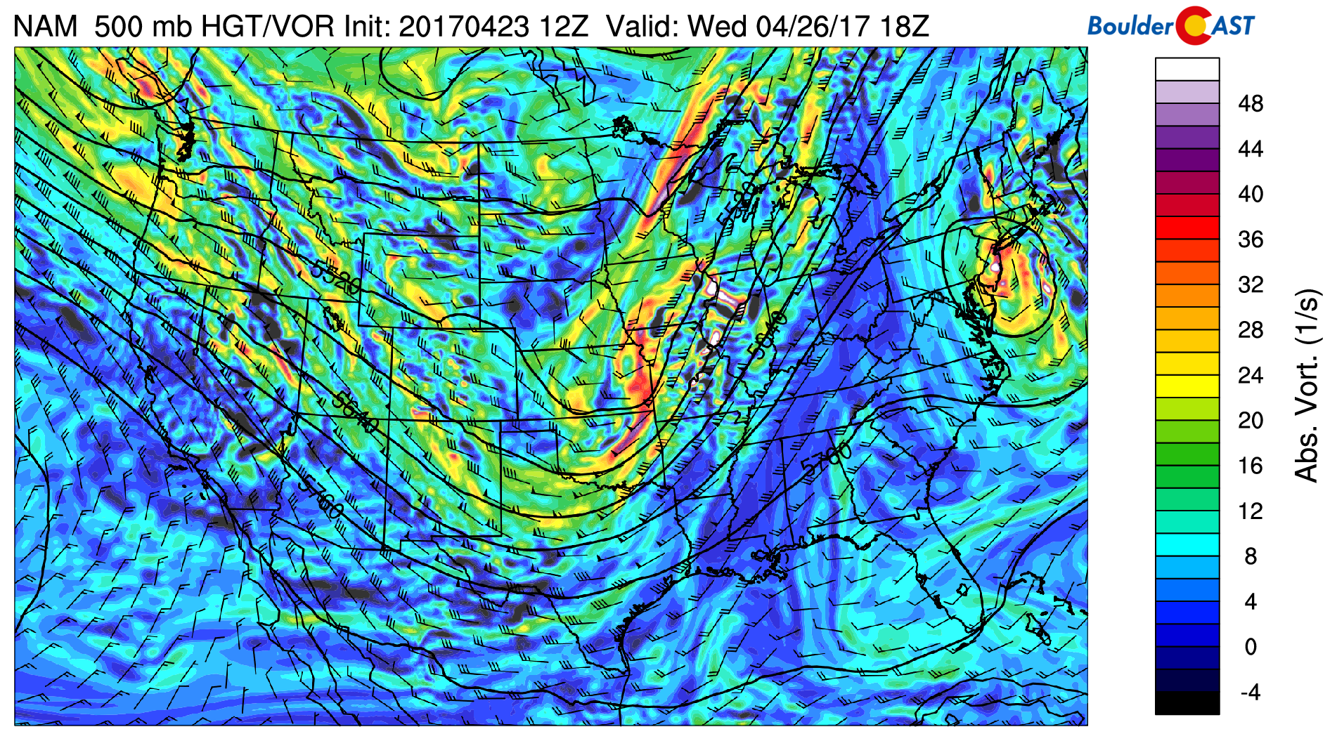NAM 500 mb absolute vorticity for Wednesday