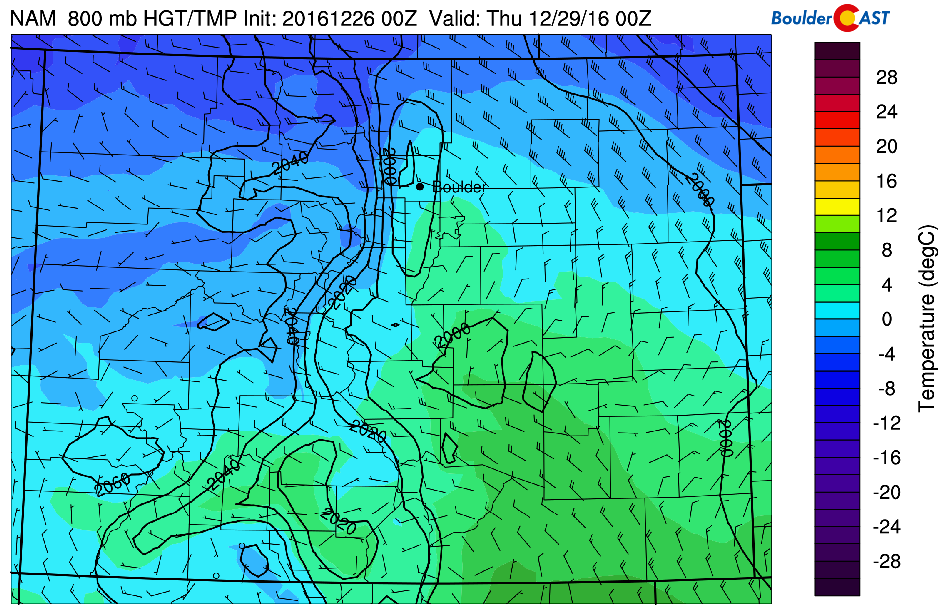 NAM 800 mb temperature and wind forecast map for Wedfnesdy evening. A weak cold front is moving into Colorado from the northwest