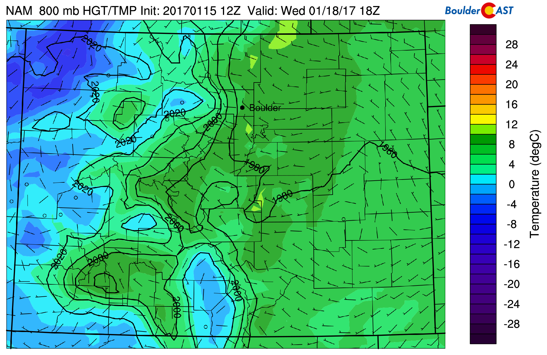 NAM model low-level airmass temperatures and winds for Wednesday