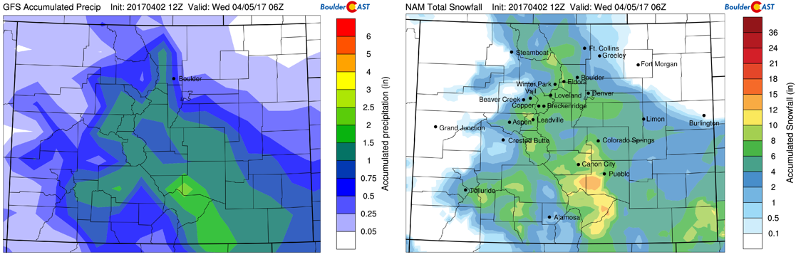 Forecasted precipitation (left) and snowfall (right) ending Tuesday evening