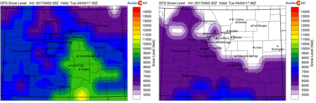 GFS model forecasted snow levels at 6pm (left) and midnight (right)